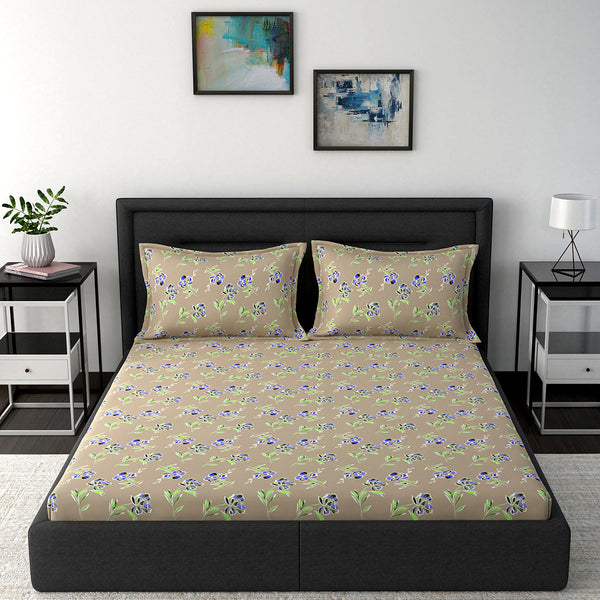 Modern Sanctuary Louisa Printed 144 TC 100% Cotton Beige Bed Sheet with Pillow Case