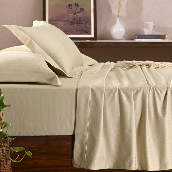 Lyrixas Leaf Self Jacquard 100% Cotton Ultra Soft Bed Sheet with Pillow Case
